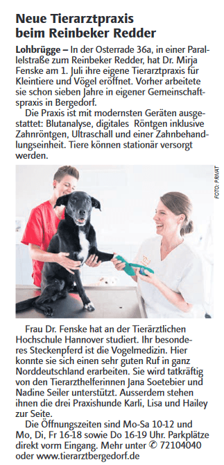 Zeitungsartikel Tierarztpraxis Reinbek und Bergedorf
