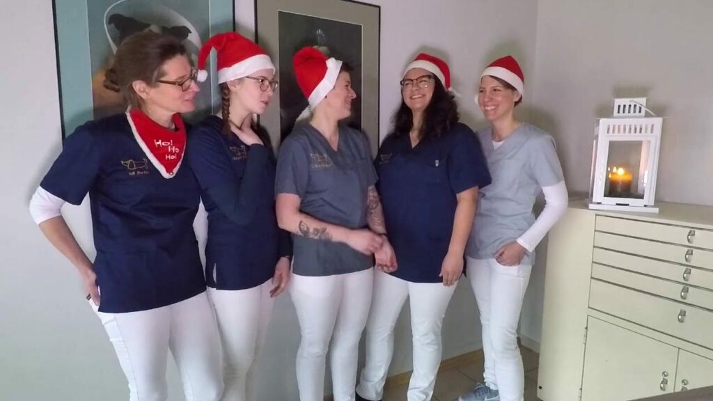 Gruppenfoto stehend beim singen mit Weihnachtsmützen