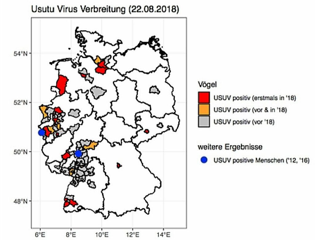 Usutu-Virus - Symptome beim Vogel Deutschlandkarte Verbreitung